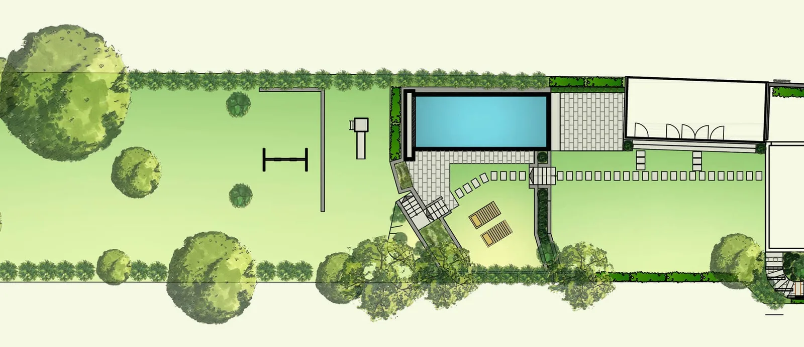Farbiger Grundrissplan eines Gartens mit Pool, Rasen und Bäumen