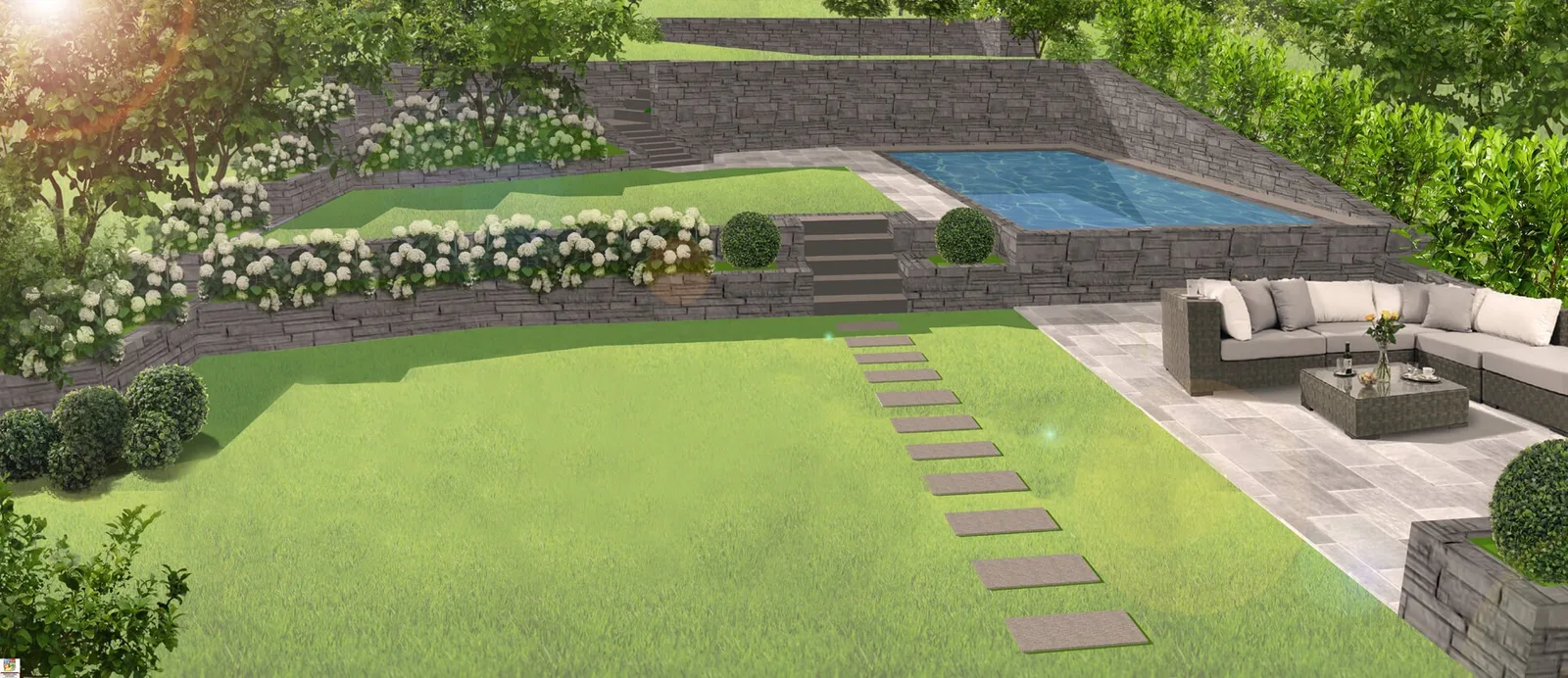 Visualisierung eines Gartens mit Pool, Rasen und Sitzplatz